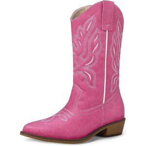 mysoft Women's Pink Western Cowboy Boots Mid Calf Pointed Toe Cowgirl Shoes